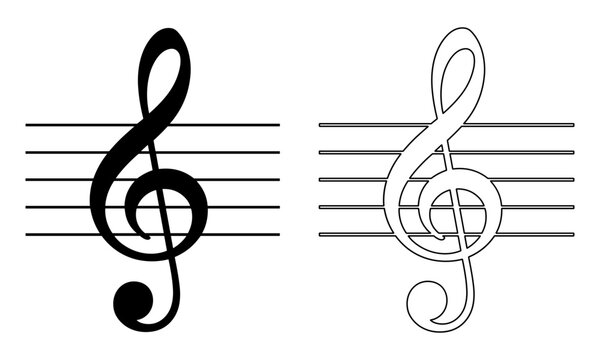 Professional black and white treble clef icons on a five-line musical staff representing harmony and melodic art on white background.