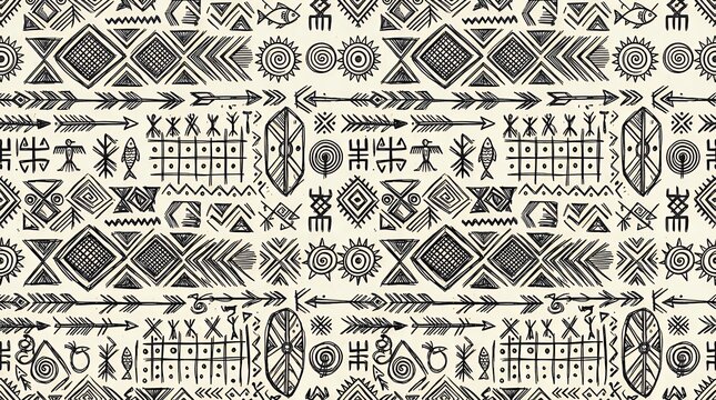 Monochromatic Hand Drawn Traditional Symbol Repeat Design Monochrome geometric ethnic motifs and tribal line art arranged in a continuous repeating layout for textiles and wall coverings tribal
