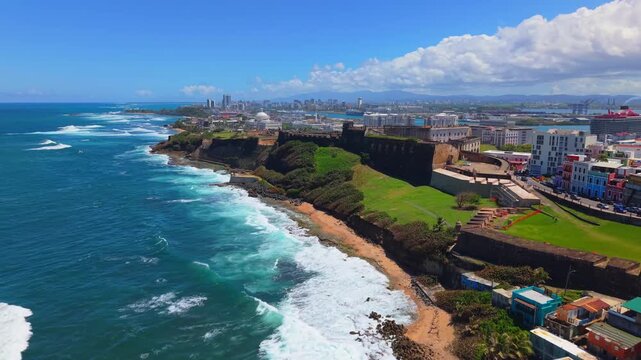 Cinematic Oceanfront Drone Sweep over La Perla San Juan Coastline