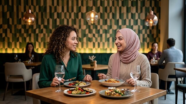 Two Diverse Friends Sharing a Delicious Meal at a Modern Restaurant