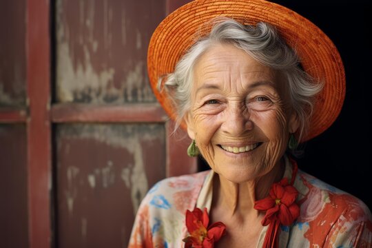 Senior woman with gray hair smiling joyfully, wearing an orange hat and floral shirt