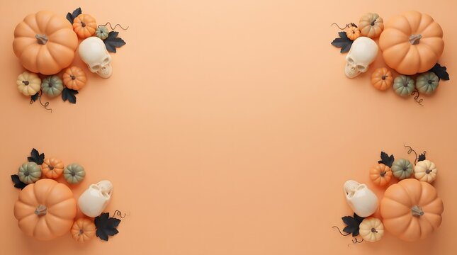 Flat lay composition of assorted pumpkins and gourds arranged in four corners on a soft orange background for autumn