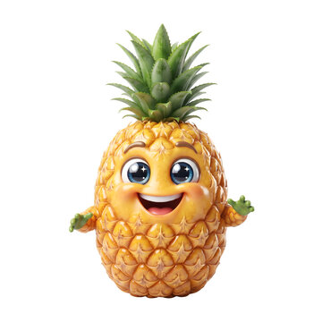 A cute cartoon pineapple character with a happy smiling face On  transparent background