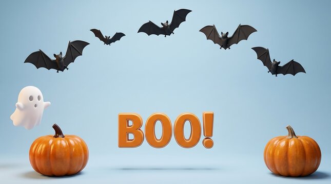 Halloween boo text with flying bats and orange pumpkins for spooky holiday design