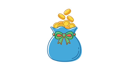 Naklejka premium Blue money bag icon overflowing with gold coins, tied with a green ribbon bow, flat design illustration isolated on white.