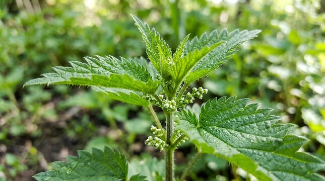 Macro shot of wild stinging nettle plant displaying young green serrated foliage and early developing inflorescence blooms plant nettle stinging nettle green foliage leaf botanical flora nature close