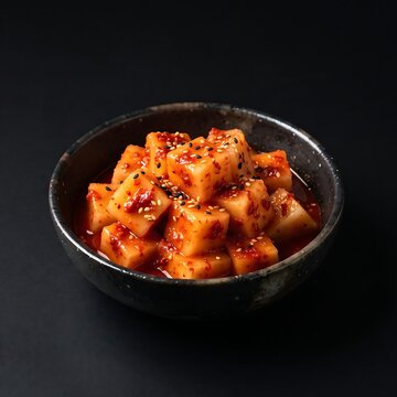  ceramic bowl filled with bright red Kkakdugi (cubed radish kimchi) coated in thick chili paste and sesame, glistening with fresh fermented juice. 