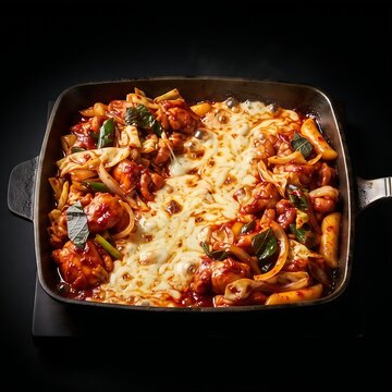 iron skillet of sizzling Cheese Dakgalbi 치즈닭갈비 (spicy marinated chicken) with a thick river of melted, stretched mozzarella cheese running through the middle.  