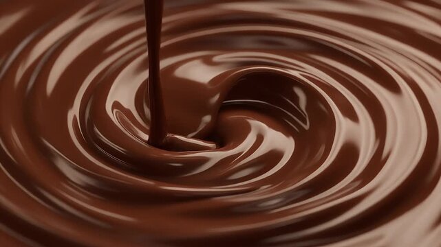 A close-up, abstract view of rich, melted chocolate swirling.