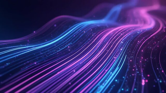 Abstract flowing lines with glowing particles in blue and pink.