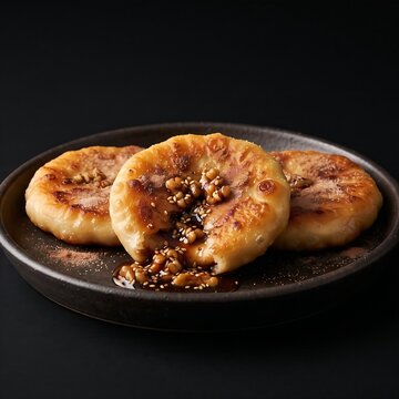 dish with  golden-brown Hotteok (sweet Korean cinnamon stuffed pancakes) oozing melted brown sugar, syrup, and chopped walnuts 