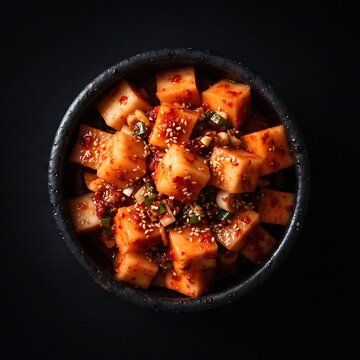  ceramic bowl filled with bright red Kkakdugi (cubed radish kimchi) coated in thick chili paste and sesame, glistening with fresh fermented juice. 