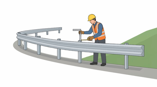 Construction worker inspecting metal guardrail on highway.