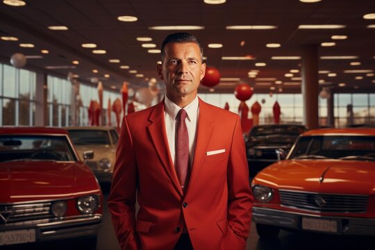 Man in a red suit standing confidently in a car dealership with vintage cars