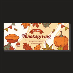 Fototapeta premium Happy thanksgiving day celebration header banner with pumpkins roasted pie and bunting flags