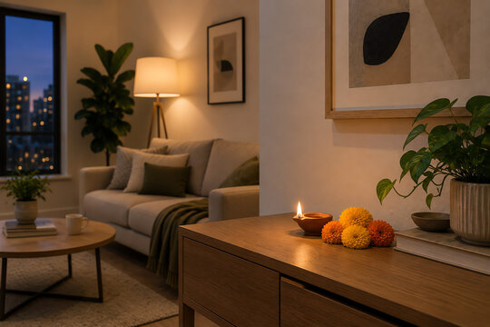 Lit clay diya oil lamp and marigold arrangement on modern wooden console table in contemporary Western apartment living room for Diwali celebration. Deepavali in the diaspora