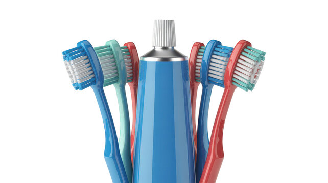 A collection of colorful plastic toothbrushes arranged in a circular pattern around a blue toothpaste tube on a clean white background surface