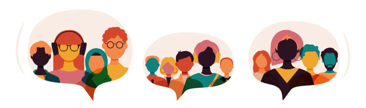 Different people together in chat bubbles. Modern colourful design.	