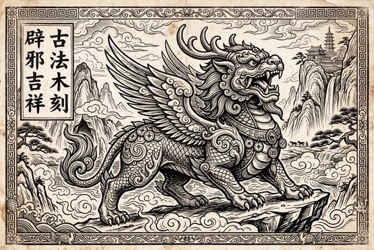 Winged Pixiu, Chinese mythical creature in traditional woodcut style
