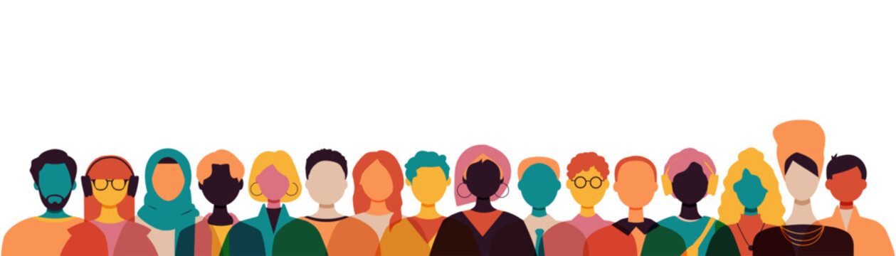 Different people standing together. Modern colourful design.	