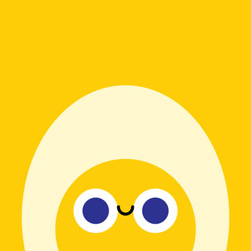 Minimal geometric portrait of a person with round glasses framed by bold yellow and cream shapes, creating a playful modern character illustration.