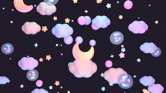 Cartoon moon sky with stars and bubbles flying up animation. (loop)