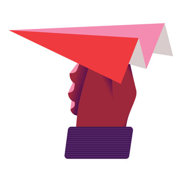 Bold flat illustration of a hand holding a red paper airplane, symbolizing sending messages, communication, ideas, creativity, travel, launch, and forward movement.
