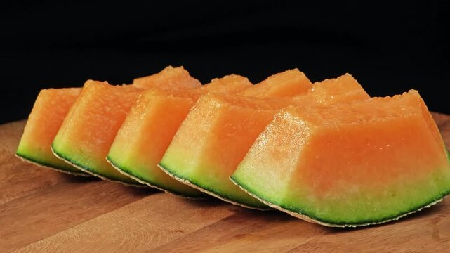 Sliced melon on black background. Zoom out.