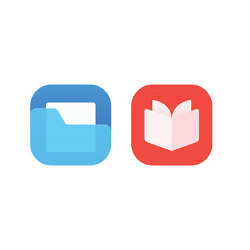 Pair of colorful rounded-square app icons featuring a blue folder and red open book, representing file storage, reading, documents, education, organization, and digital applications.