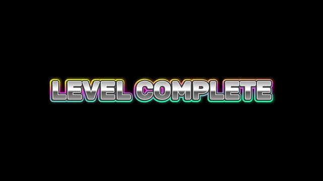 level complete retro text effect with shiny gradient and metallic chrome effect on black background
