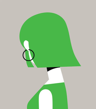 Minimal side-profile illustration of a stylized green female figure wearing a large hoop earring, representing fashion, identity, beauty, diversity, and modern editorial design.