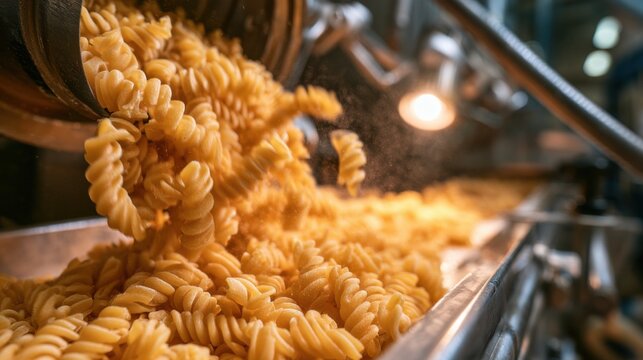 Pasta production in a factory showing fusilli noodles being processed and gathered on a conveyor belt