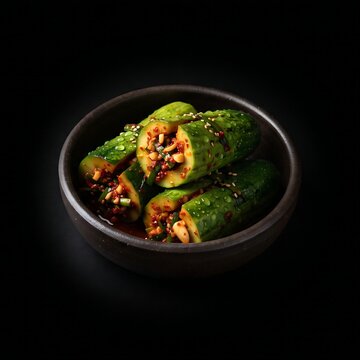  bowl filled with vivid green Oi-sobagi 오이소박이  (stuffed cucumber kimchi) cut open to reveal red pepper flake filling and chives. 