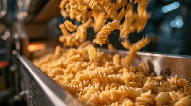Pasta shapes fall from a machine in a food factory during the production process of a noodle variety