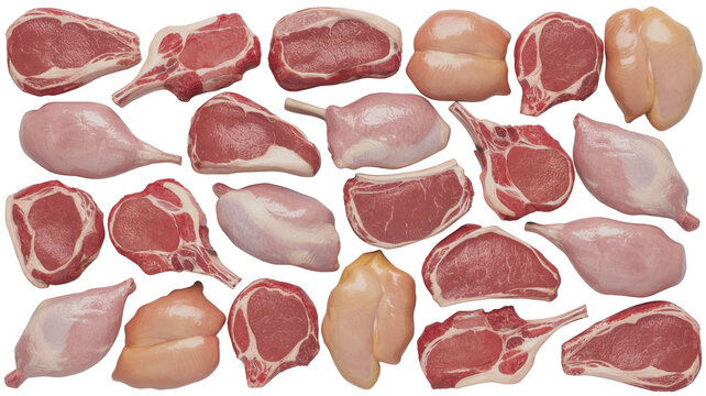 A collection of various raw meat cuts including beef steaks, pork chops, and chicken breast fillets arranged on a plain white background