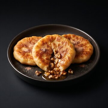 dish with  golden-brown Hotteok (sweet Korean cinnamon stuffed pancakes) oozing melted brown sugar, syrup, and chopped walnuts 