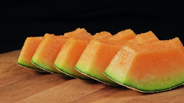 Sliced melon on black background. Panning shot.