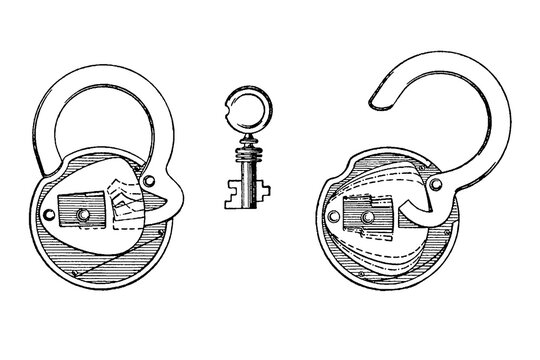 Open and closed padlocks with key, old vintage illustration, 1897.