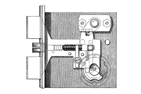 Mortise lock in the locked position, technical schematic with levers, springs, and screws, old vintage illustration, 1897.