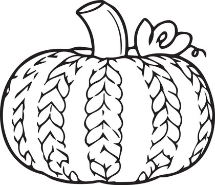 Cozy cable-knit pumpkin line art vector outline. Black and white decorative fall pumpkin element for autumn crafting, Thanksgiving cards, and coloring book pages.