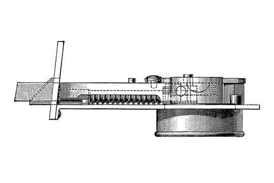 Mortise lock top view with gears, spring, and cylindrical mechanism, old vintage illustration, 1897.
