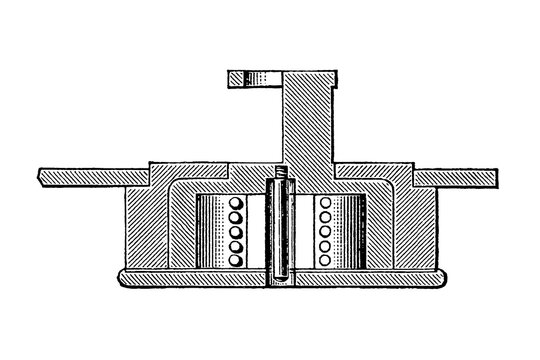 Mortise lock case, technical cross-section of a lock mechanism with internal components, old vintage illustration, 1897.