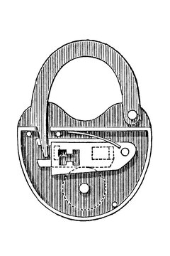 Padlock mechanism with internal components, vintage technical drawing, 1897.