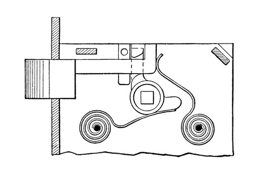 Mortise lock mechanism with cylinder and bolt, old vintage illustration, 1897.