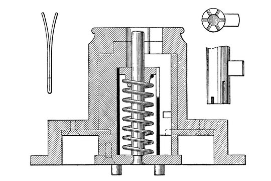 Lock cylinder and key mechanism, old vintage illustration, 1897.