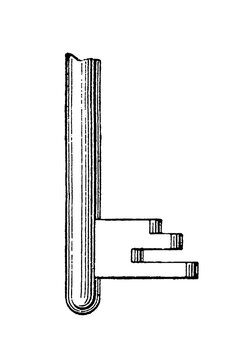 Antique key bit with notched shaft and grooves, old vintage illustration, 1897.