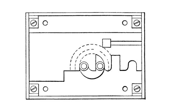 Lock mechanism with gears and screws in rectangular casing, old vintage illustration, 1897.