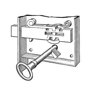 French key in a mortise lock, detailed technical diagram of locking components, old vintage illustration, 1897.