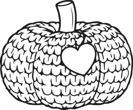 Hand-knitted ribbed pumpkin with curly vine line art outline. Black and white vector element for fall scrapbooking, Thanksgiving designs, and kids coloring activities.