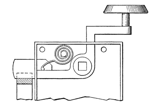 Mechanical locking mechanism with levers and springs, technical diagram, old vintage illustration, 1897.